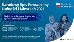 Banner przedstawiający informacje odnośnie rozpoczynającego się 1 kwietnia Narodowego Spisu Powszechnego Ludności Mieszkań 2021