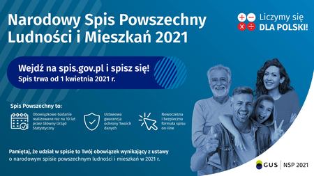 Banner przedstawiający informacje odnośnie rozpoczynającego się 1 kwietnia Narodowego Spisu Powszechnego Ludności Mieszkań 2021 (kliknięcie spowoduje powiększenie obrazu)