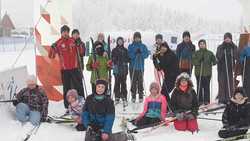 Grupa dzieci na nartach biegowych