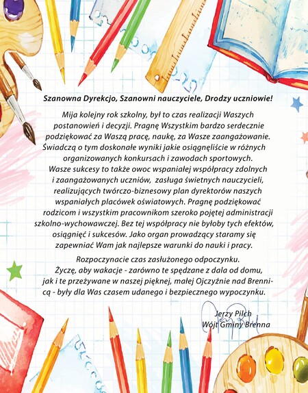 Życzenia z okazji zakończenia roku szkolnego (kliknięcie spowoduje powiększenie obrazu)