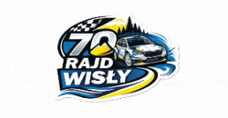 Logo 70. Rajdu Wisły z rysunkiem auta rajdowego, cyfry 70