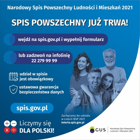 Plakat Głównego Urzędu Statystycznego dotyczący rozpoczęcia Narodowego Spisu Powszechnego 2021 (kliknięcie spowoduje powiększenie obrazu)