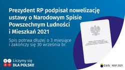 Informacja o podpisaniu przez Prezydenta RP nowelizacji ustawy, która wydłuża czas trwania spisu do 30 września 2021 r.
