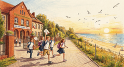 Budynek szkoły, dzieci biegbnące w kierunku plaży, wakacje