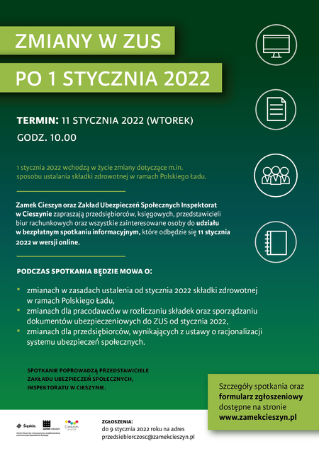 Plakat dotyczący spotkania 11 stycznia 2022 roku ws. zmian w ZUS (kliknięcie spowoduje powiększenie obrazu)
