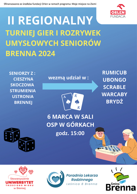 Plakat o II Regionalnym Turnieju Gier i Rozrywek Umysłowych Seniorów- Brenna 2024 (kliknięcie spowoduje powiększenie obrazu)