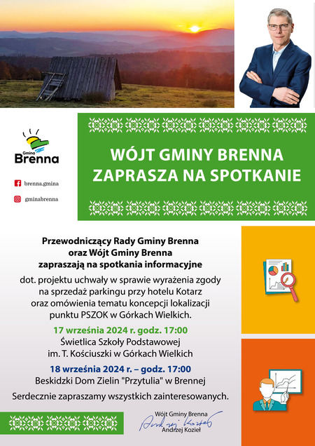 Banner - informacja o spotkaniu Wójta Gminy Brenna z mieszkańcami (kliknięcie spowoduje powiększenie obrazu)