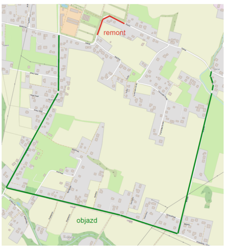 Mapa z zaznaczonym odcinkiem utrudnień oraz objazdem (kliknięcie spowoduje powiększenie obrazu)